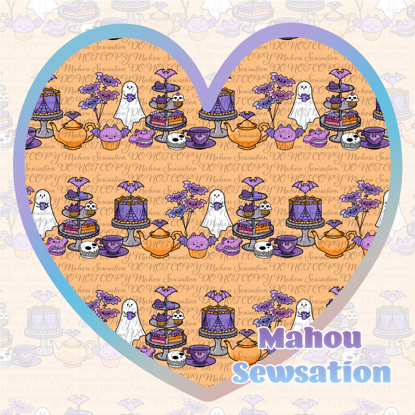 Creepy Cute Tea Party Rows (seamless/repeated) Pastel Pumpkin